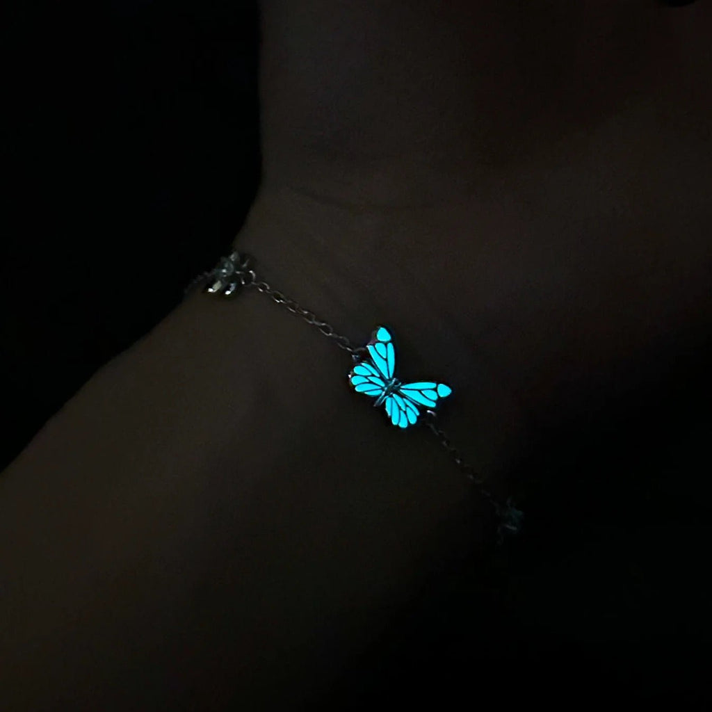 Bracelet + Luminous Butterfly Necklace, 925 Sterling Silver, Adjustable Fine Chain, Jewelry That Glows in the Dark, Captivating Nighttime Shine, Papirusa Model