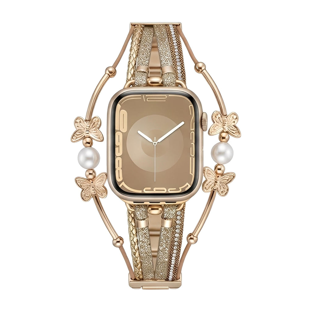 Bracelet pour Apple Watch avec multi-brins en cuir beige, perles blanches, papillons métalliques dorés et fermoir élégant.