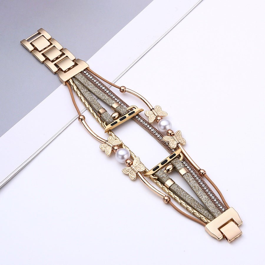 Bracelet papillon pour Apple Watch en cuir gris et beige, multi-brins avec perles blanches et fermoir doré élégant.