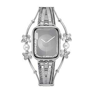 Bracelet papillon argenté pour Apple Watch, multi-brins cuir gris, perles blanches et fermoir métallique élégant.