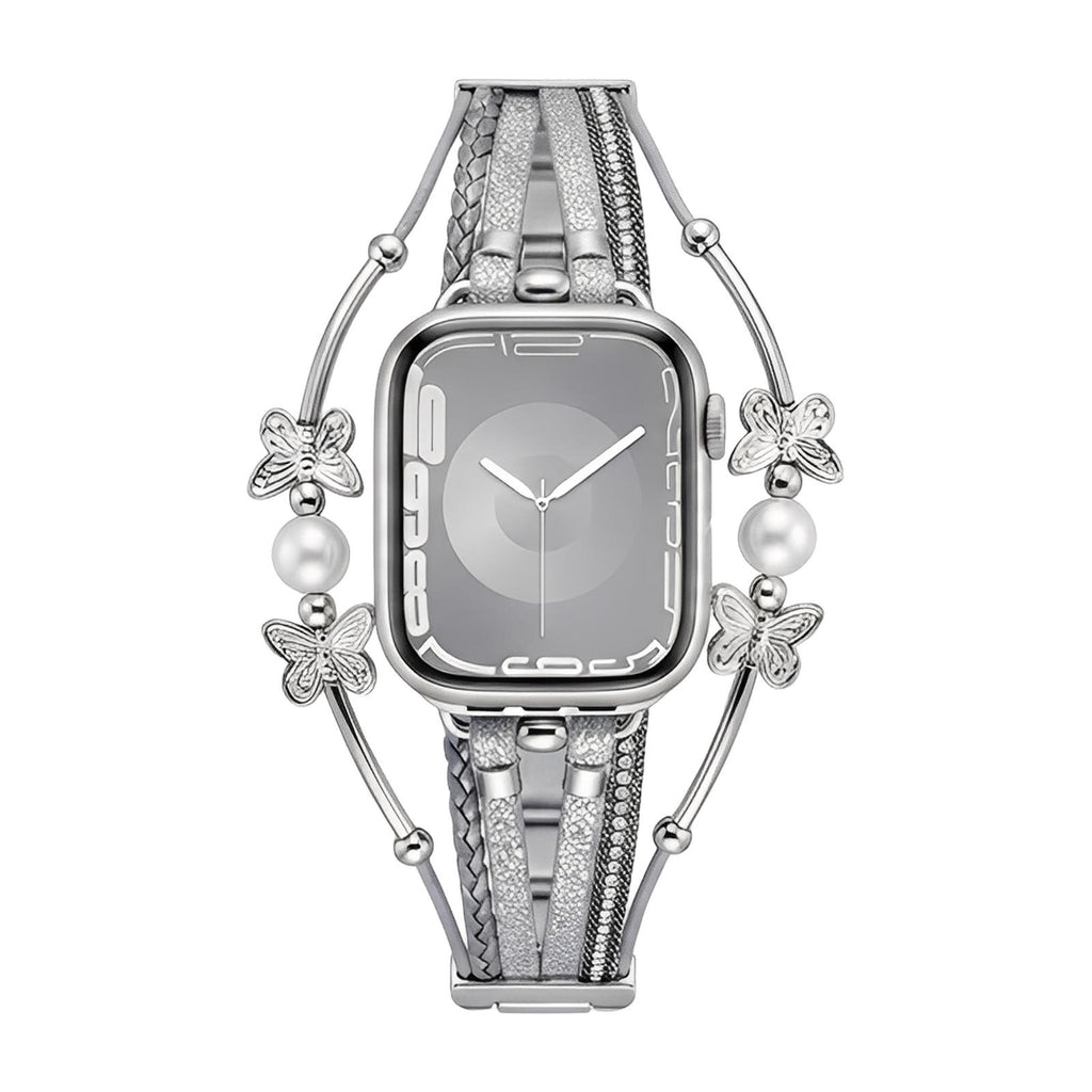 Bracelet papillon argenté pour Apple Watch, multi-brins cuir gris, perles blanches et fermoir métallique élégant.