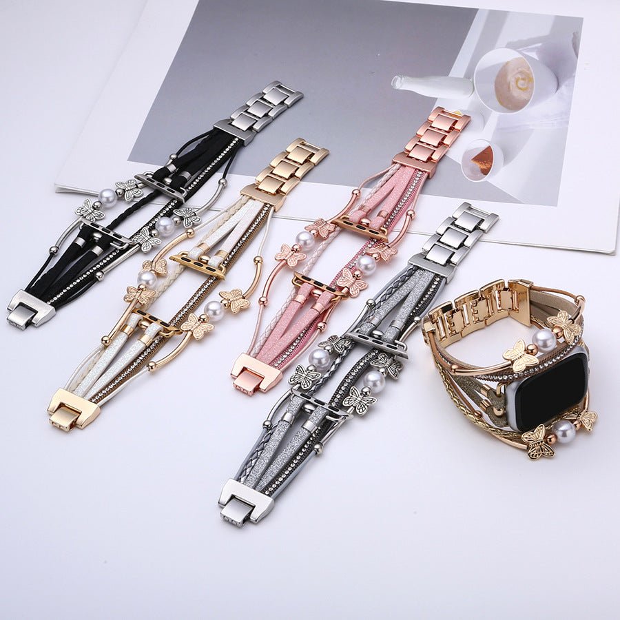 Bracelet pour Apple Watch multi-brins en cuir et perles avec fermoir métallique, style boho chic, disponible en noir, or,.