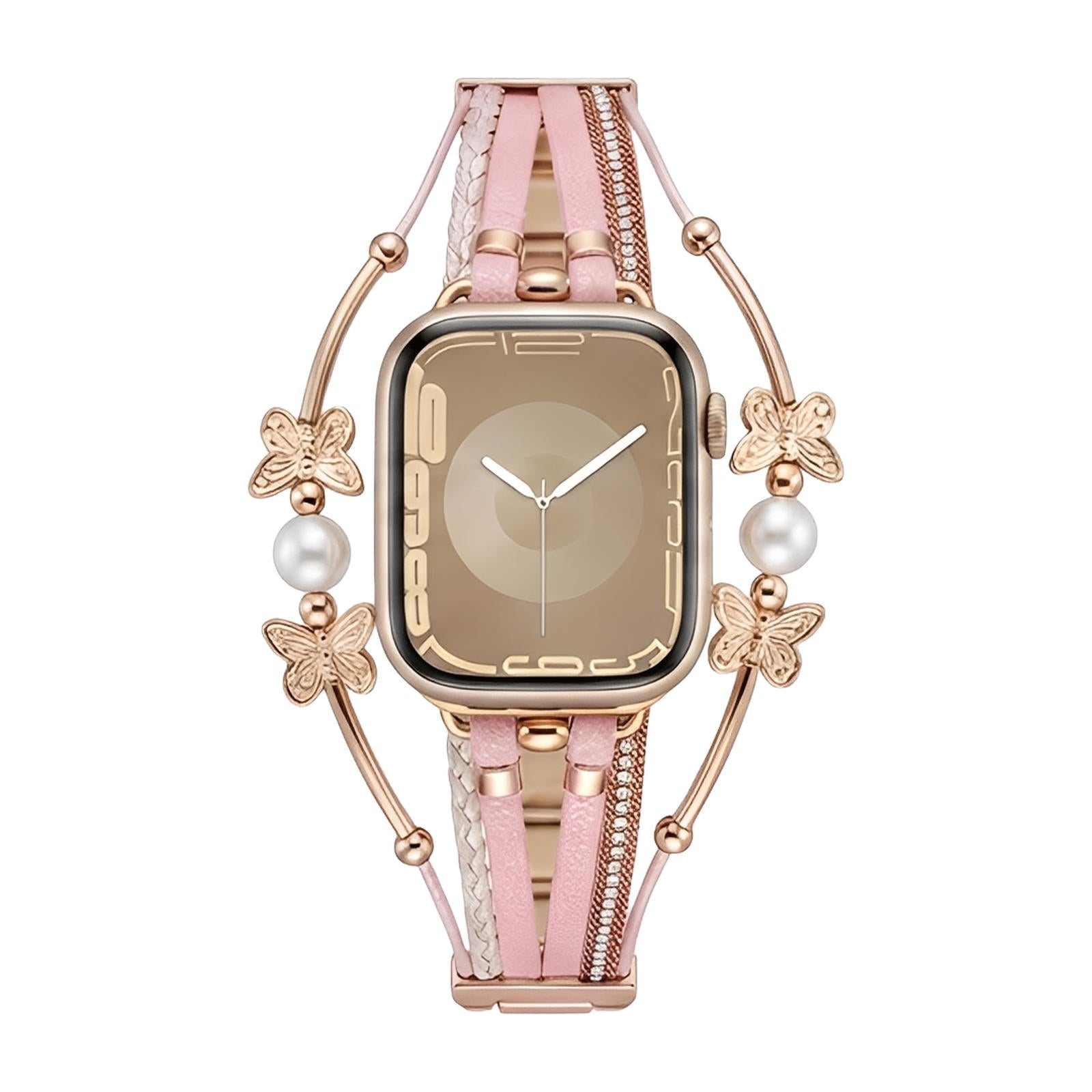 Bracelet Apple Watch rose multi-brins en cuir avec perles blanches et papillons métalliques dorés, fermoir élégant.