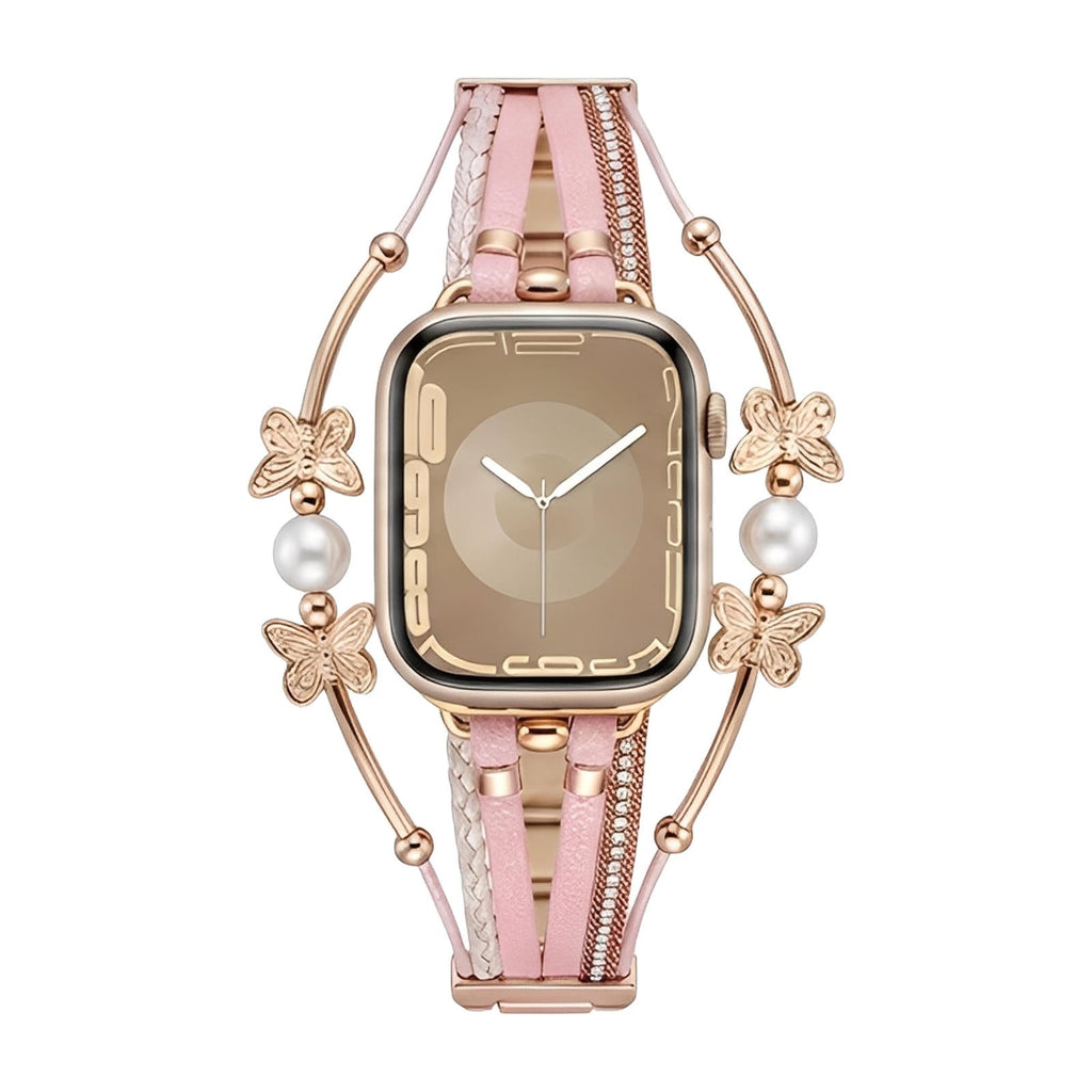 Bracelet Apple Watch rose multi-brins en cuir avec perles blanches et papillons métalliques dorés, fermoir élégant.