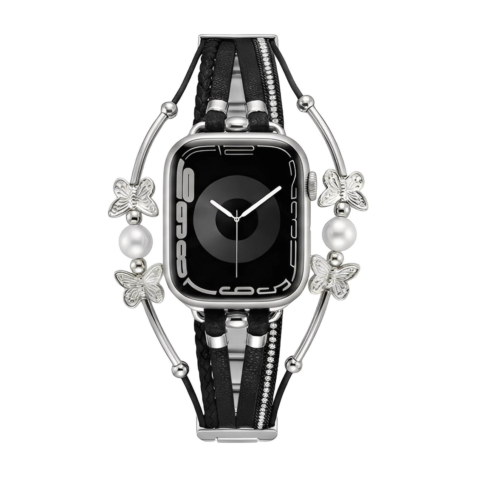 Bracelet multi-brins noir en cuir avec perles blanches et papillons métalliques argentés pour Apple Watch.