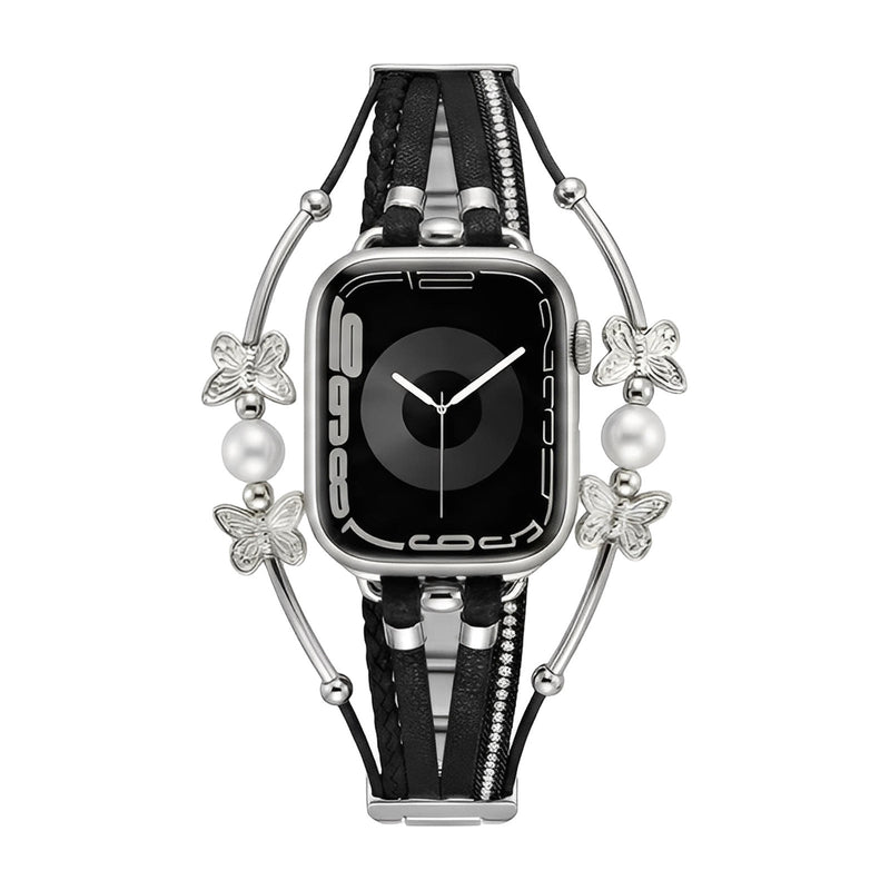 Bracelet multi-brins noir en cuir avec perles blanches et papillons métalliques argentés pour Apple Watch.