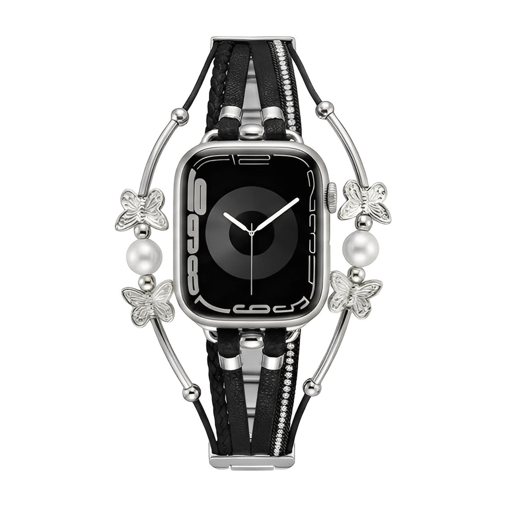 Bracelet multi-brins noir en cuir avec perles blanches et papillons métalliques argentés pour Apple Watch.