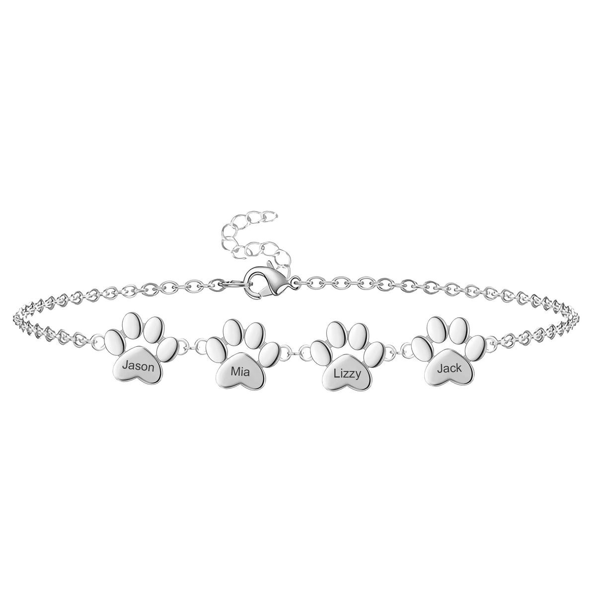 Bracelet en acier inoxydable argenté avec quatre pendentifs pattes gravés, chaîne fine réglable.