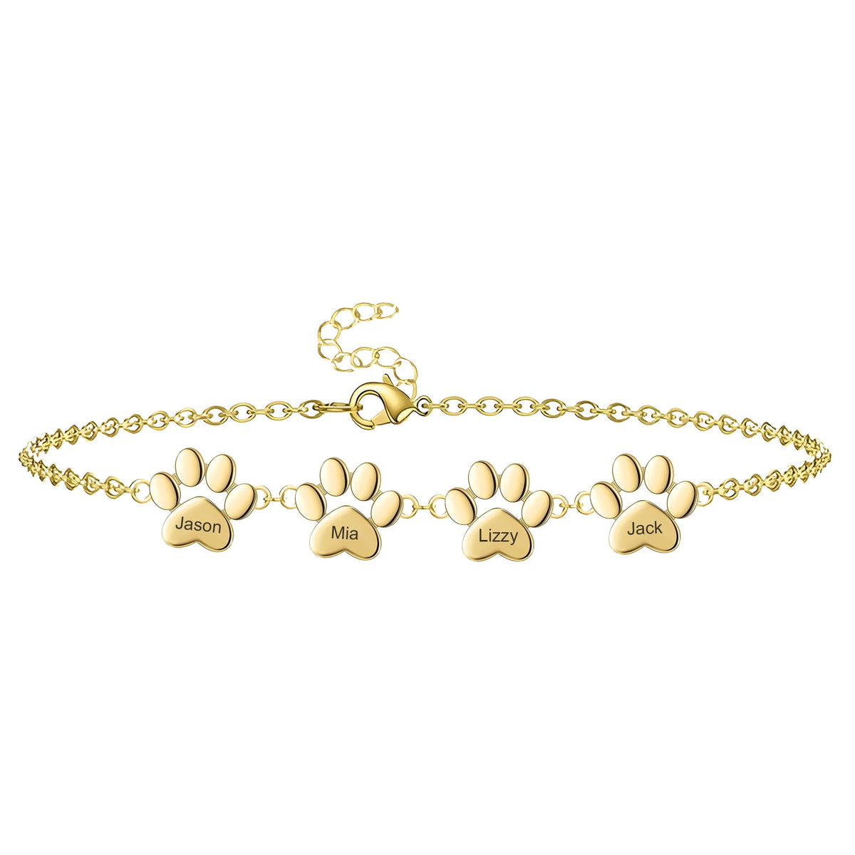 Bracelet or fin avec quatre pendentifs pattes personnalisés gravés de noms, chaîne à maillons réglable.