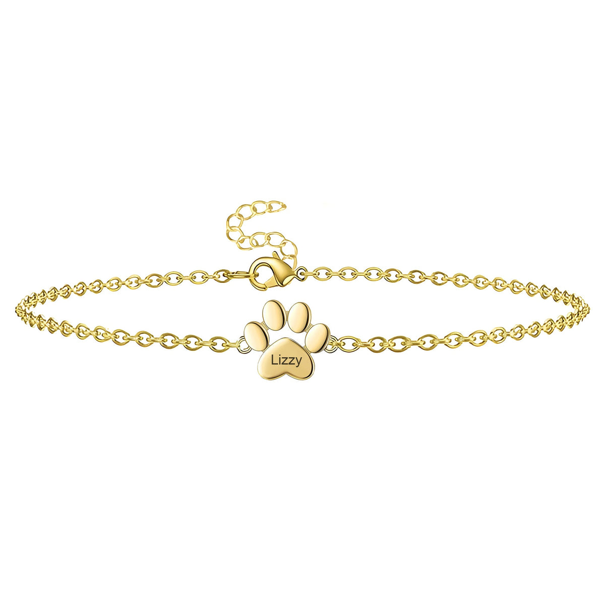 Bracelet chaîne fine en acier doré avec pendentif patte gravé "Lizzy" et fermoir ajustable.
