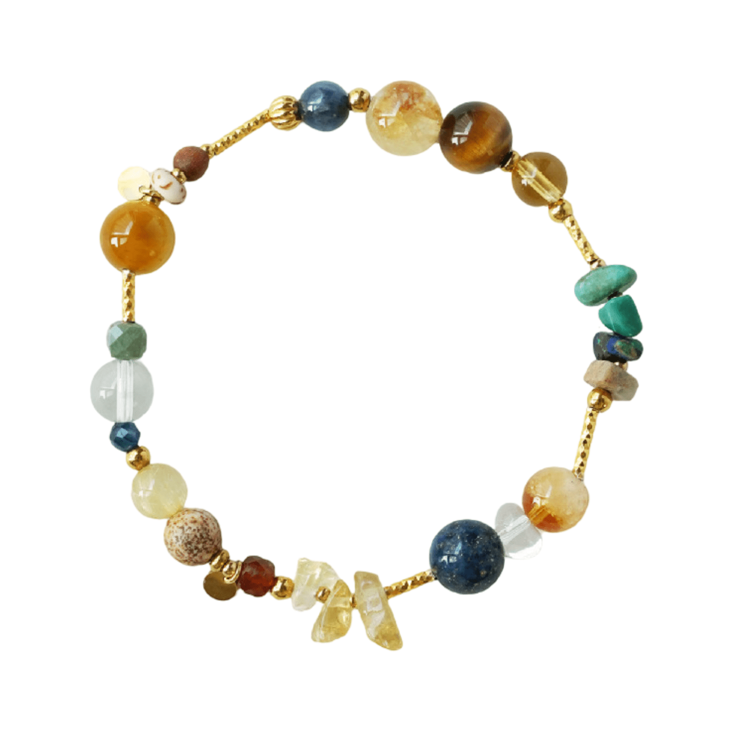 Bracelet perlé multicolore avec pierres naturelles rondes, éclats dorés et finitions dorées, style élégant et harmonieux.