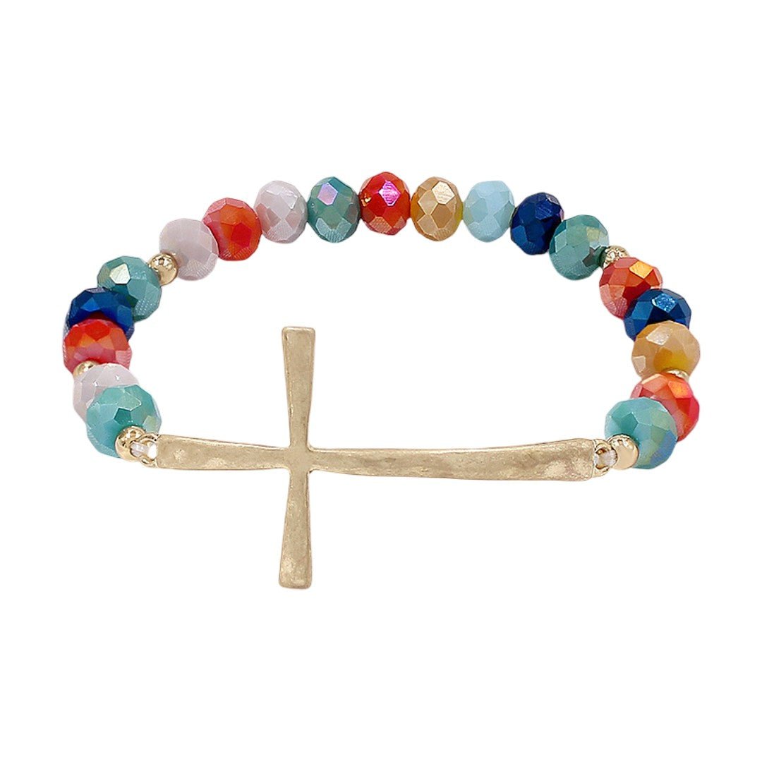 Bracelet perles cristal facettées, croix dorée centrale, bijou religieux élégant et lumineux, modèle Faith