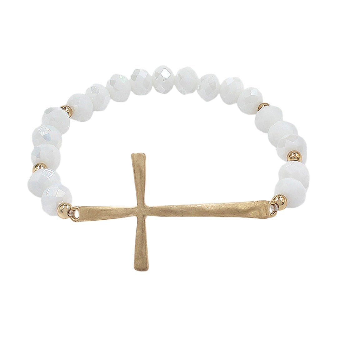 Bracelet perles cristal facettées, croix dorée centrale, bijou religieux élégant et lumineux, modèle Faith