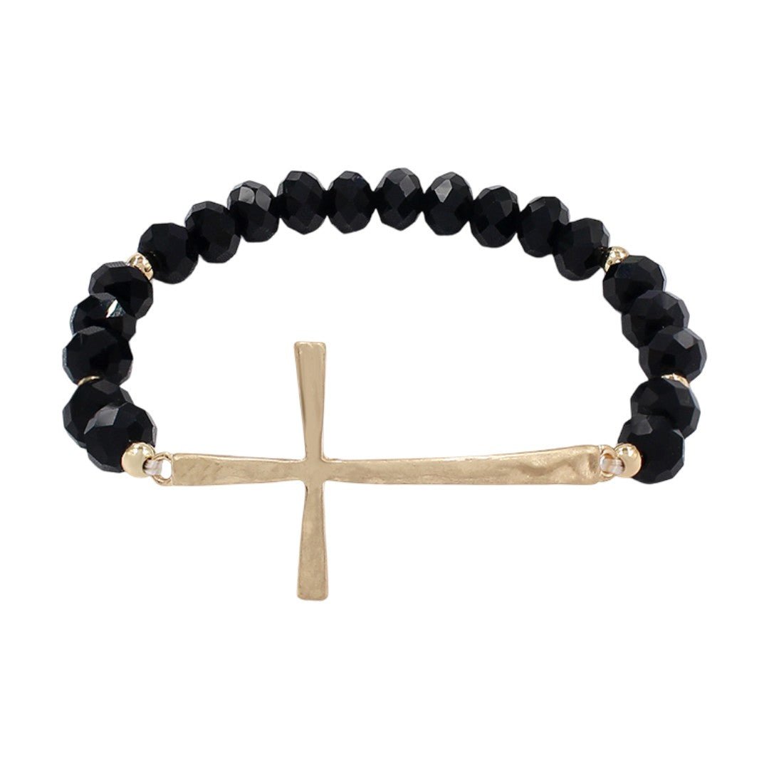 Bracelet perles cristal facettées, croix dorée centrale, bijou religieux élégant et lumineux, modèle Faith