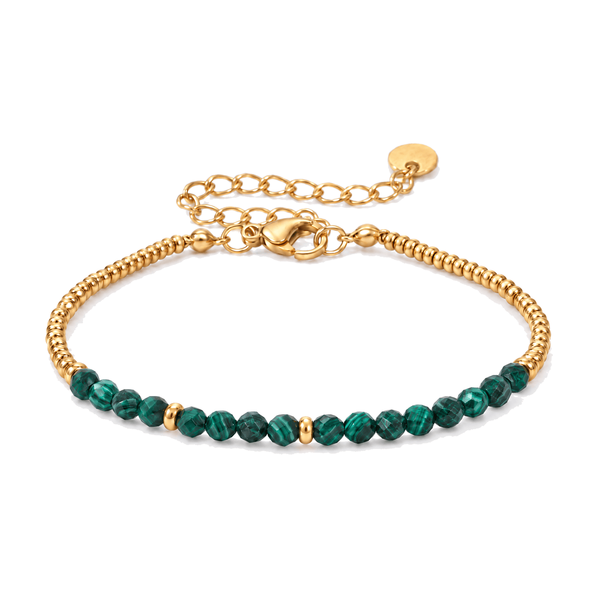 Packshot studio bracelet Dison Malachite, vue frontale basse posée sur table, fond blanc pur — 9 octobre 2026