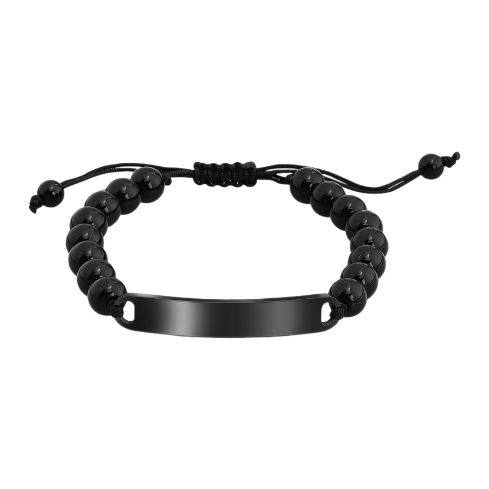 Bracelet homme perles rondes en obsidienne noire avec cordon ajustable et plaque personnalisable en acier inoxydable noir.