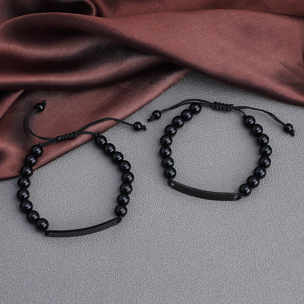 Bracelet perles rondes noires en obsidienne avec cordon ajustable et plaque rectangulaire en acier inoxydable noir, style.