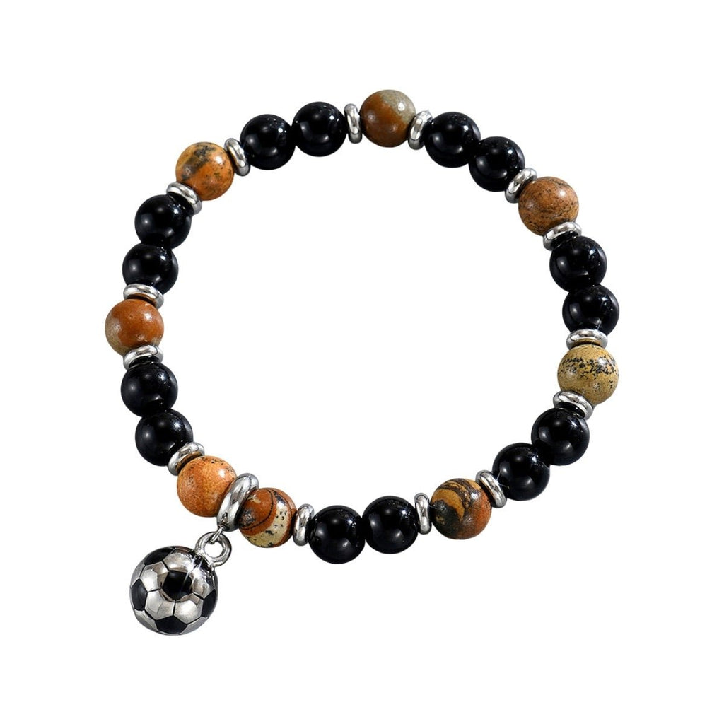 Bracelet perles onyx noir et agate, bijou homme avec ballon de football, accessoire sport ajustable, cadeau pour footballeur, bracelet énergie masculine, modèle Warren