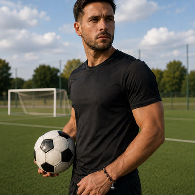 Bracelet perles onyx et jaspe, charm ballon de football, ajustable, pour homme, modele Warren