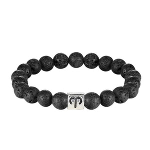 Bracelet élastique perles pierre de lave noire avec symbole astrologique du Bélier en argent.