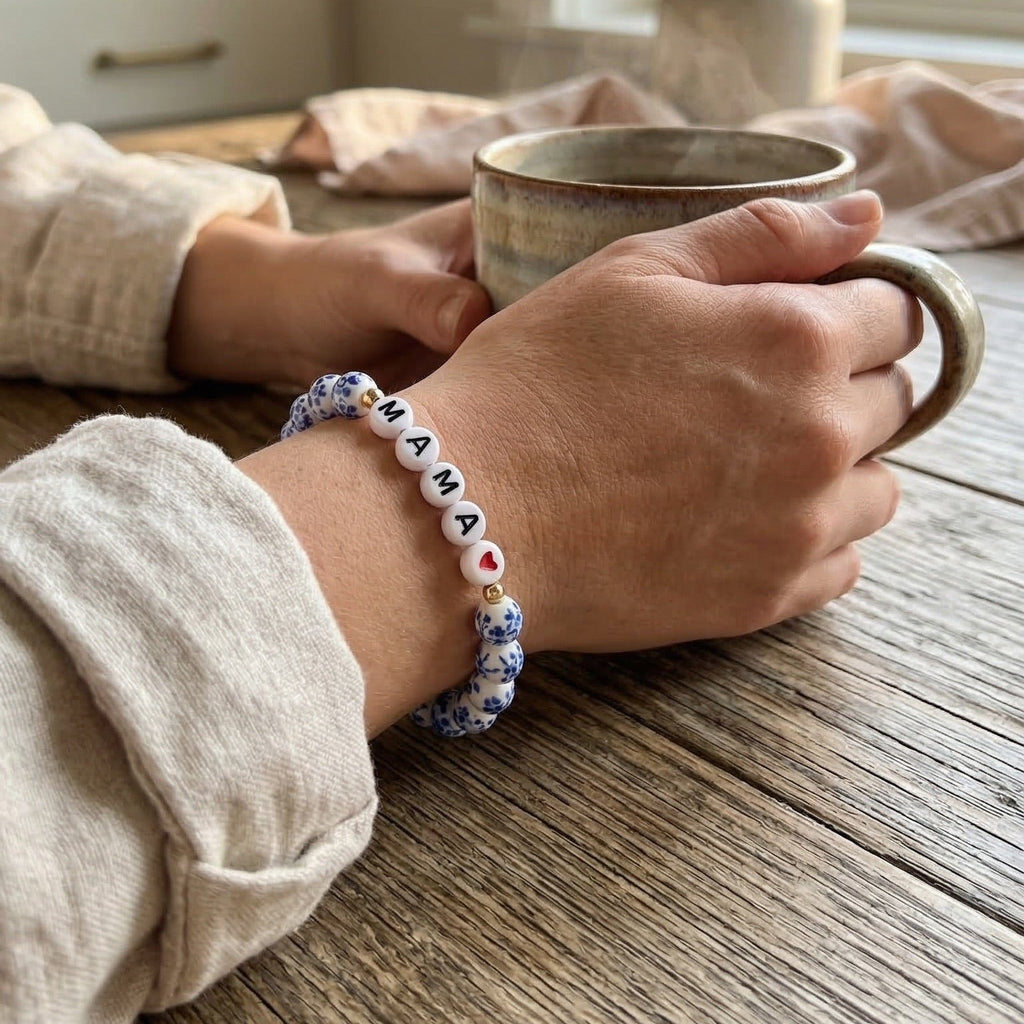 Blue and white porcelain bead bracelet, MAMA bracelet with heart, symbolic jewelry for mothers, letter bead bracelet celebrating maternal love, Ourlane model