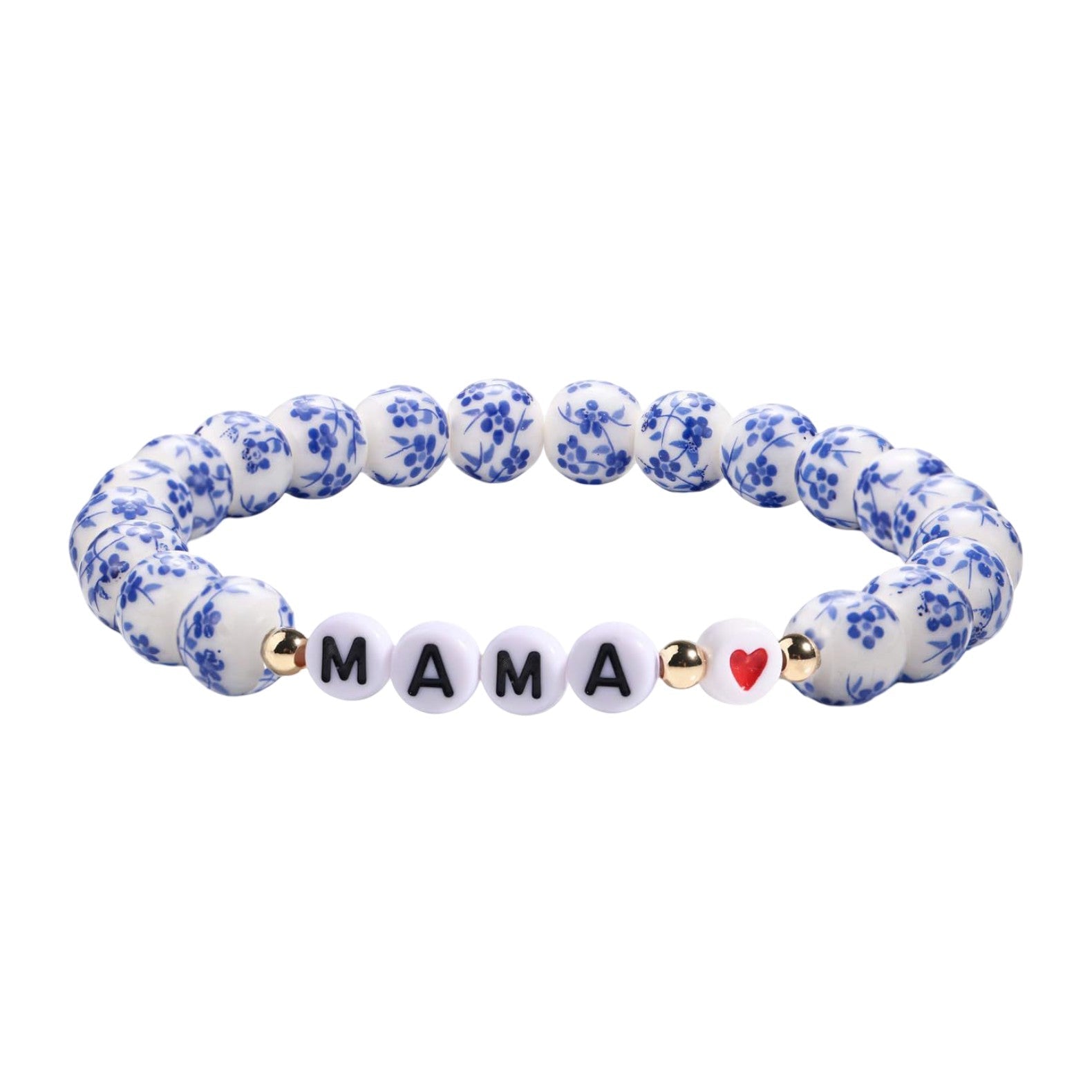 Bracciale con perle in porcellana blu e bianca, bracciale MAMA con cuore, gioiello simbolico per mamma, bracciale con perle e lettere amore materno, modello Ourlane