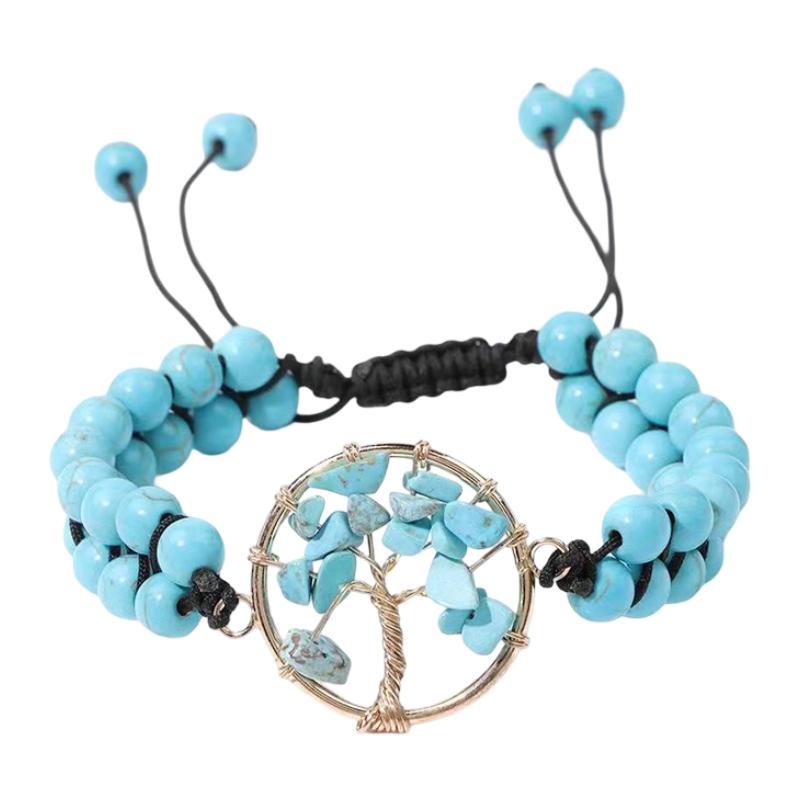Braided bead bracelet with tree pendant, meaningful gemstone jewelry, Adrita model