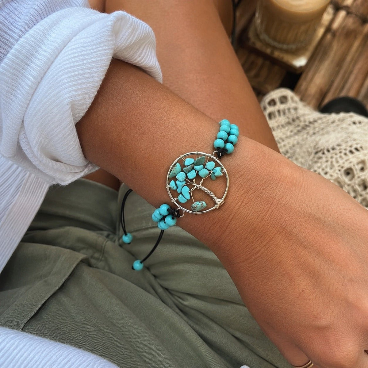 Braided bead bracelet with tree pendant, meaningful gemstone jewelry, Adrita model