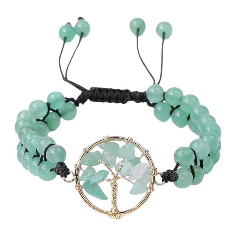Braided bead bracelet with tree pendant, meaningful gemstone jewelry, Adrita model