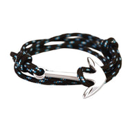Bracelet cordon nautique noir avec points bleus, ancre en titane polie, modèle multiple-tour Arker.