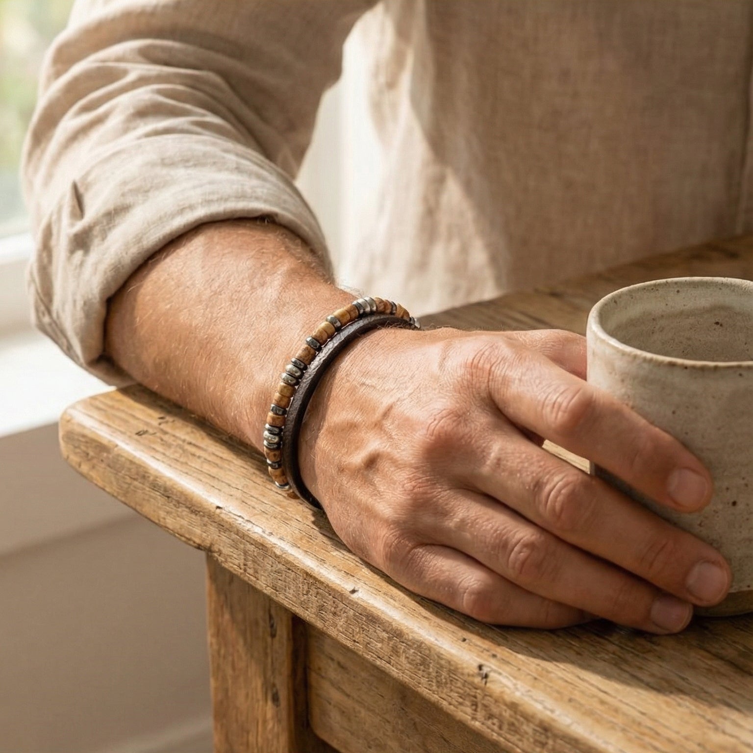 Personalisierbares Herrenarmband mit Natursteinen, Leder und Metallelementen, sicherer Verschluss, Modell Jamy