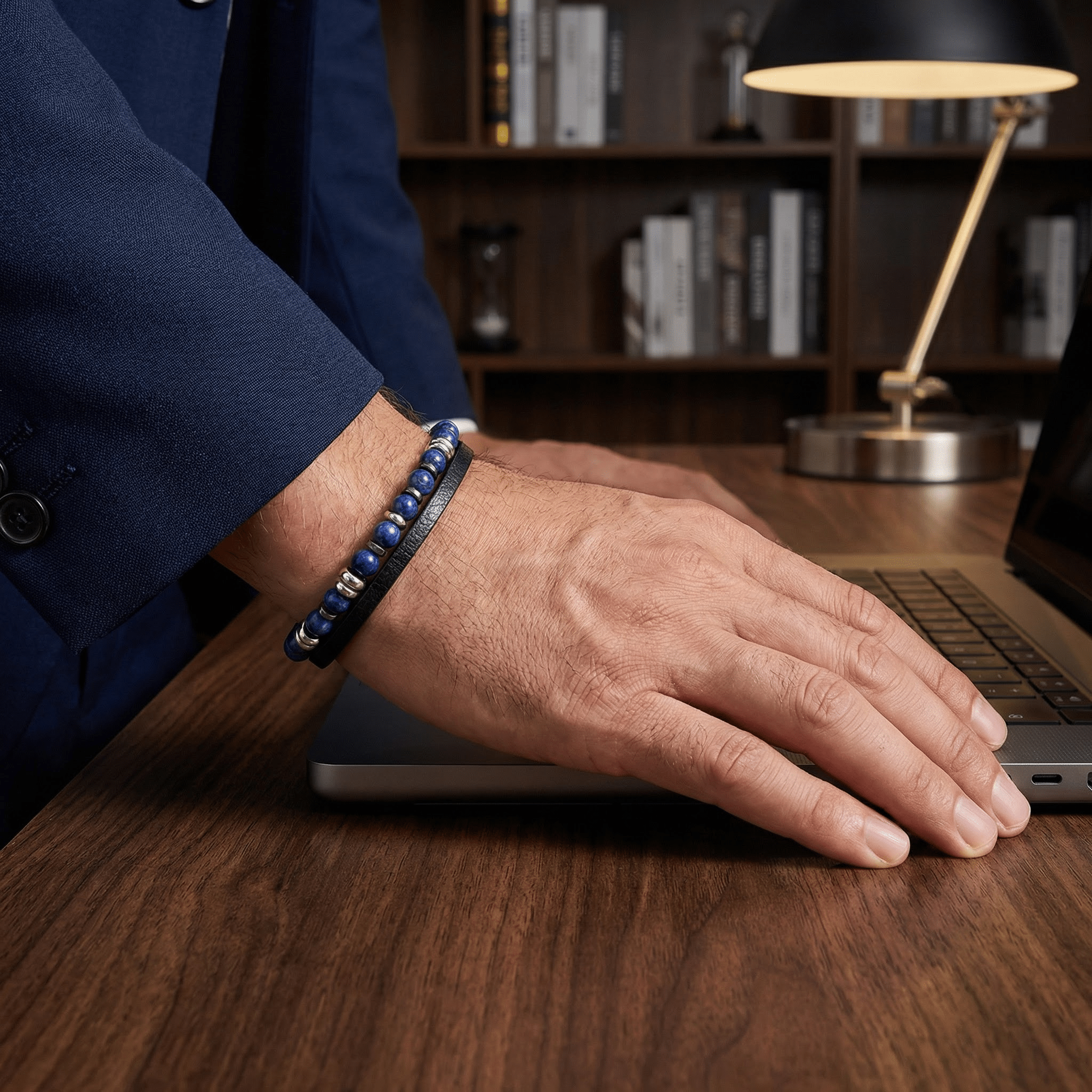 Personalisierbares Herrenarmband mit Natursteinen, Leder und Metallelementen, sicherer Verschluss, Modell Jamy