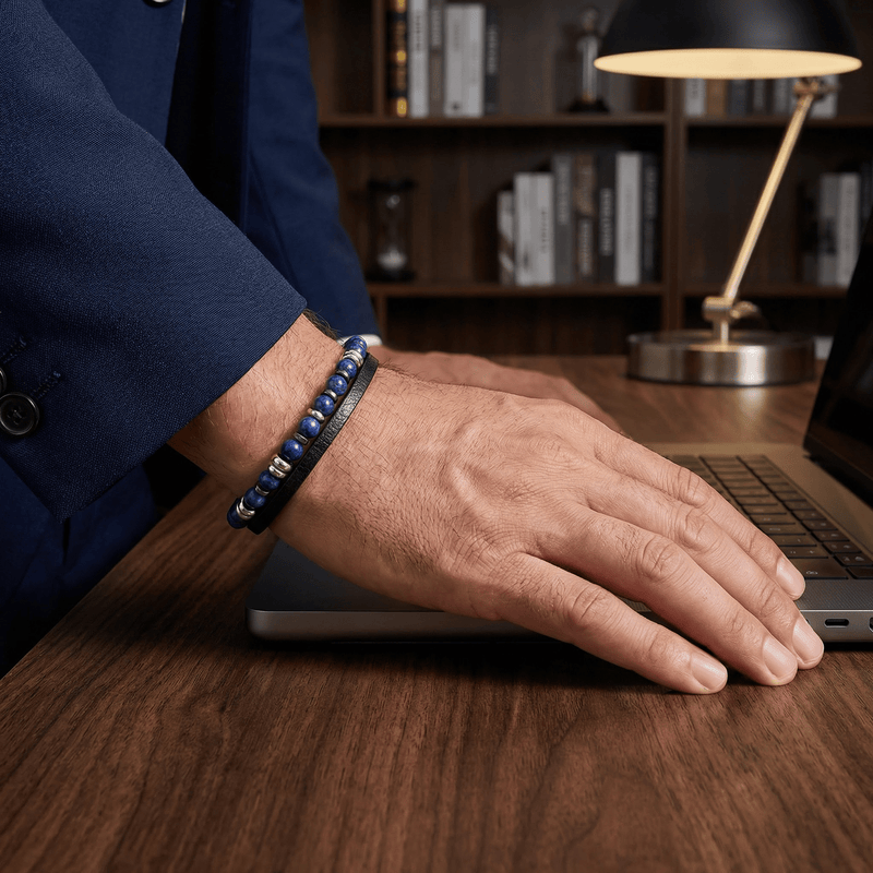 Personalisierbares Herrenarmband mit Natursteinen, Leder und Metallelementen, sicherer Verschluss, Modell Jamy