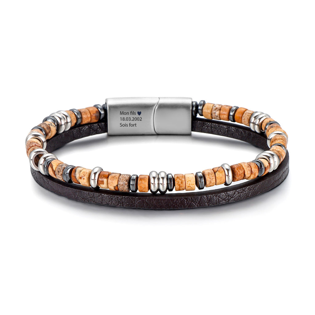Bracelet masculin en cuir noir avec pierres naturelles beige et détails métalliques argentés, fermoir magnétique sécuritaire.