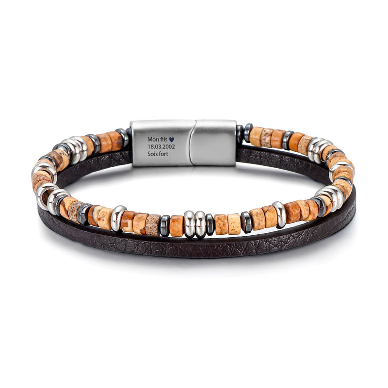 Bracelet masculin en cuir noir avec pierres naturelles beige et détails métalliques argentés, fermoir magnétique sécuritaire.