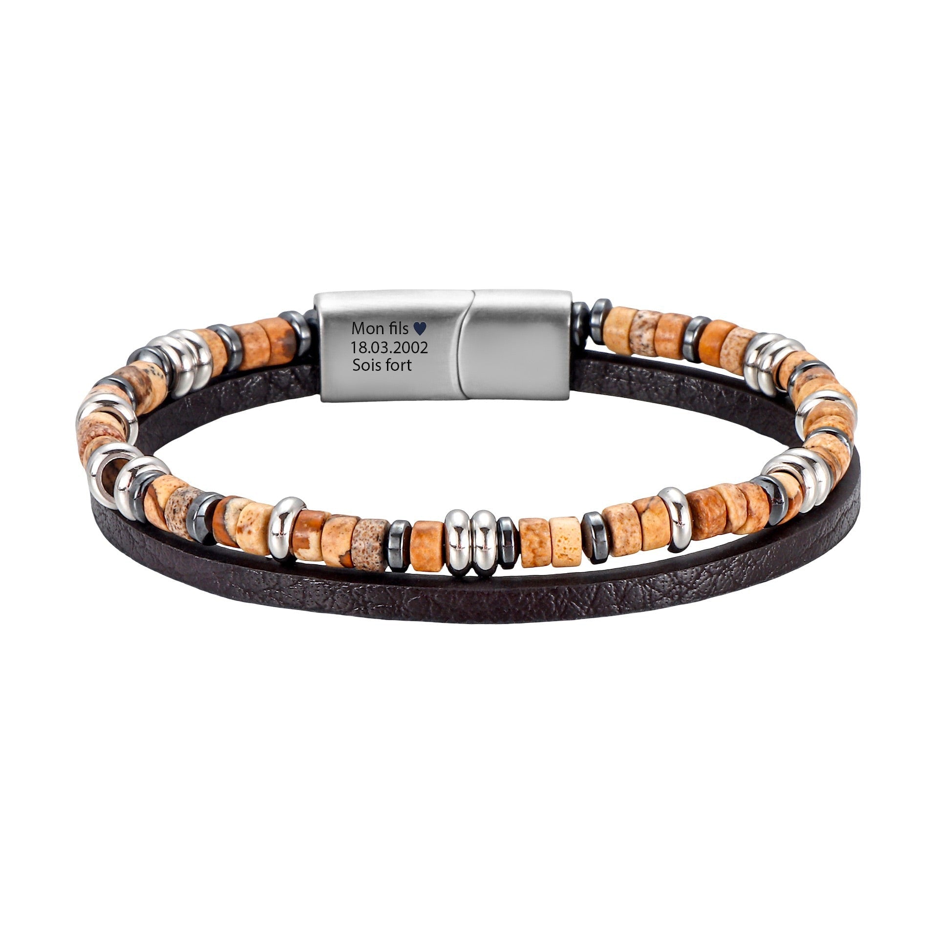 Bracelet homme avec pierres naturelles rondes beige, cuir brun et fermoir métal gravé sécurisé.