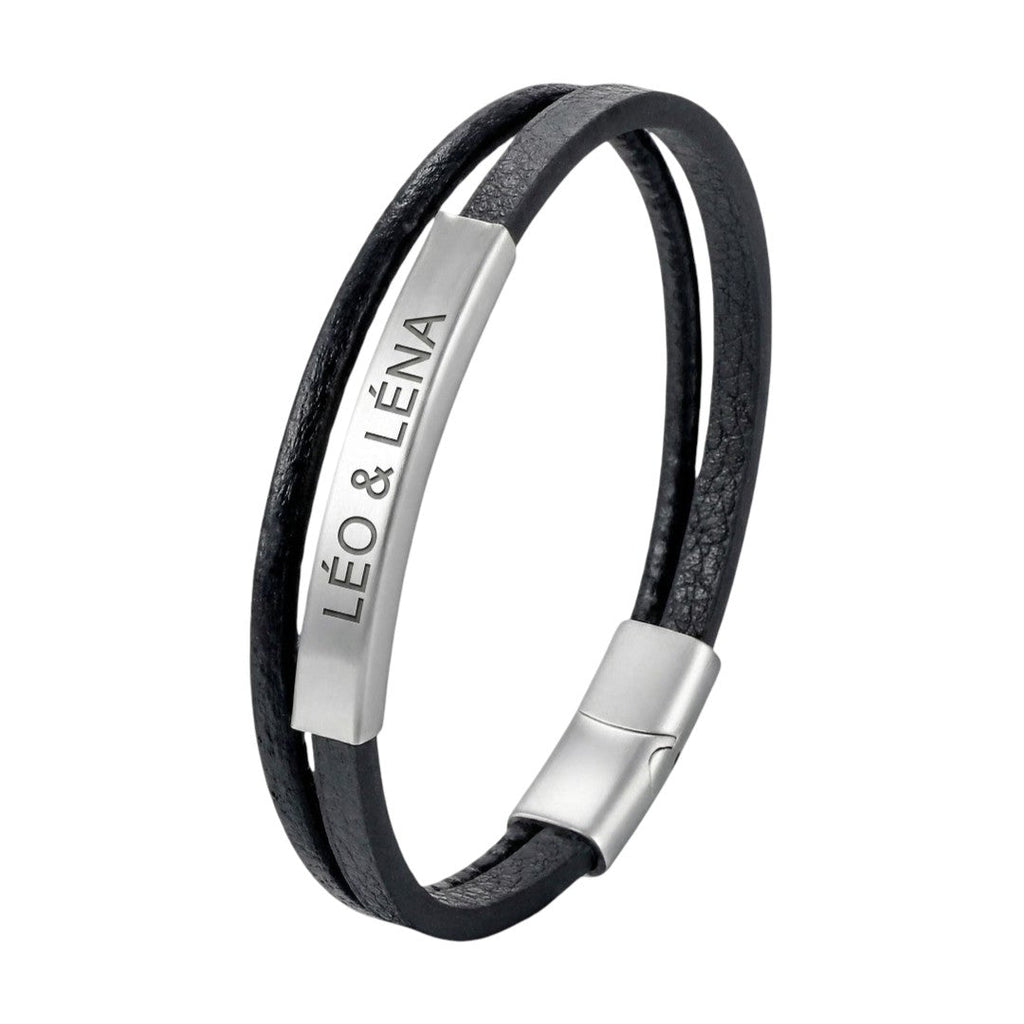 Bracelet personnalisable pour homme, double lanière en cuir tressé, plaque en acier inoxydable à graver, accessoire de caractère, modèle Lançois