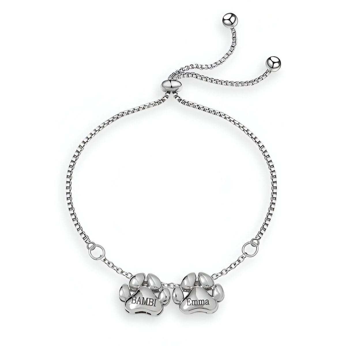 Bracelet fin en acier inoxydable argenté avec pendentifs pattes gravés "Bambi" et chaîne ajustable à coulisse.