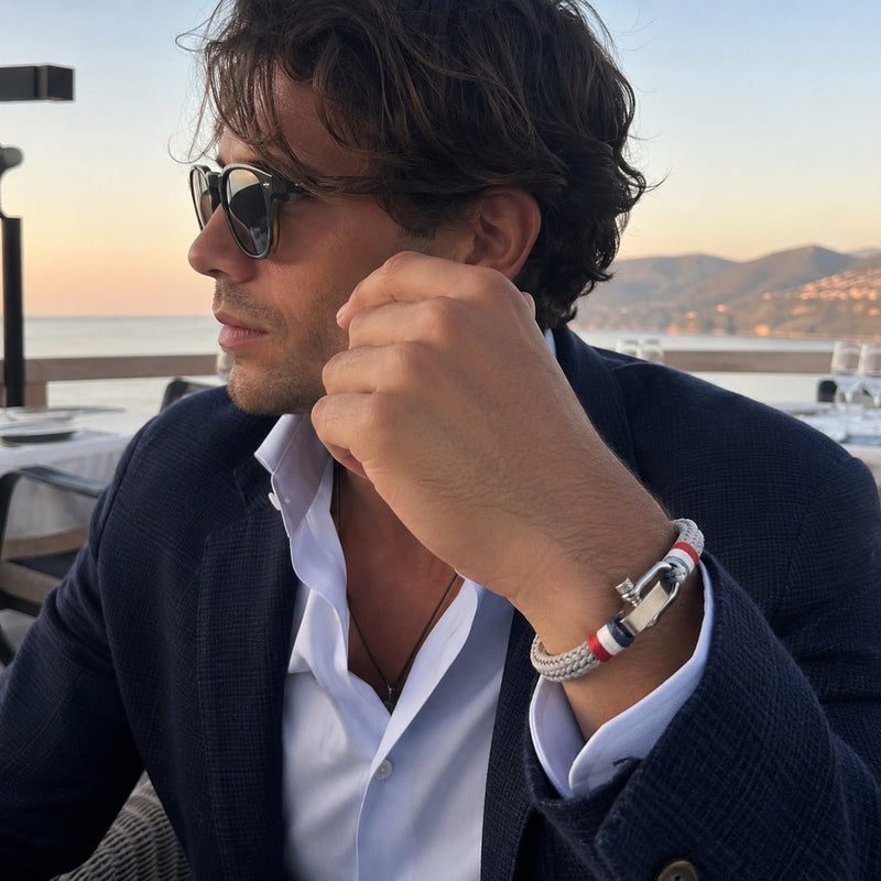 Personalisierbares Armband mit geflochtenem Nylon und Edelstahl-Manille, maritimer Nautik-Stil, verstellbar, Modell Podèle