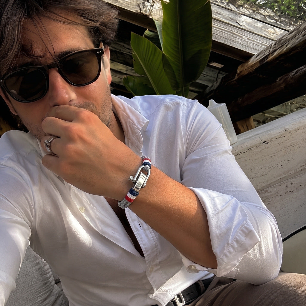 Personalisierbares Armband mit geflochtenem Nylon und Edelstahl-Manille, maritimer Nautik-Stil, verstellbar, Modell Podèle