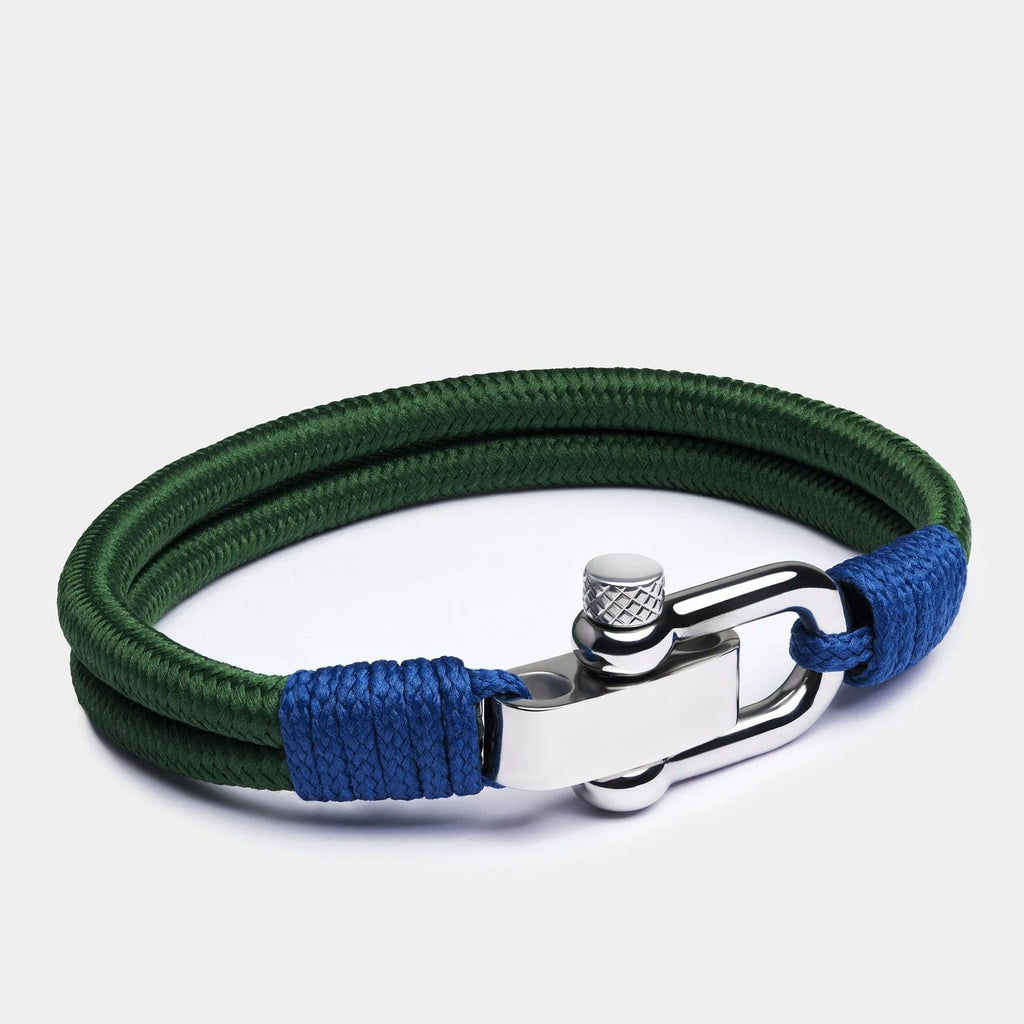 Bracelet homme à double cordon vert et bleu avec fermoir mousqueton argenté et détail tressé blue.
