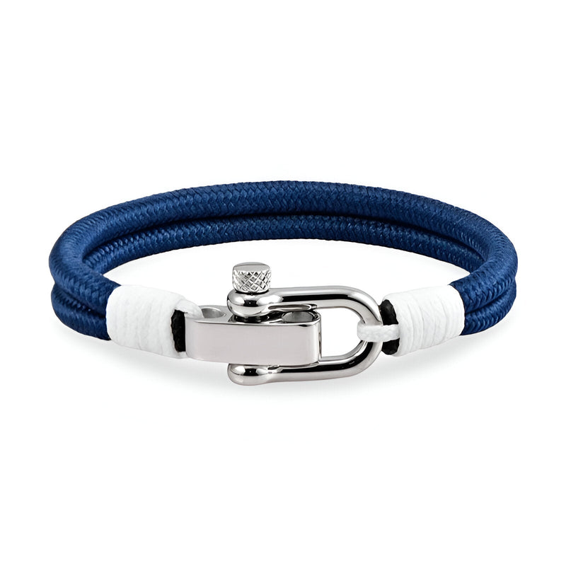 Bracelet homme double cordon bleu marine avec mousqueton métal argenté et détails blancs.