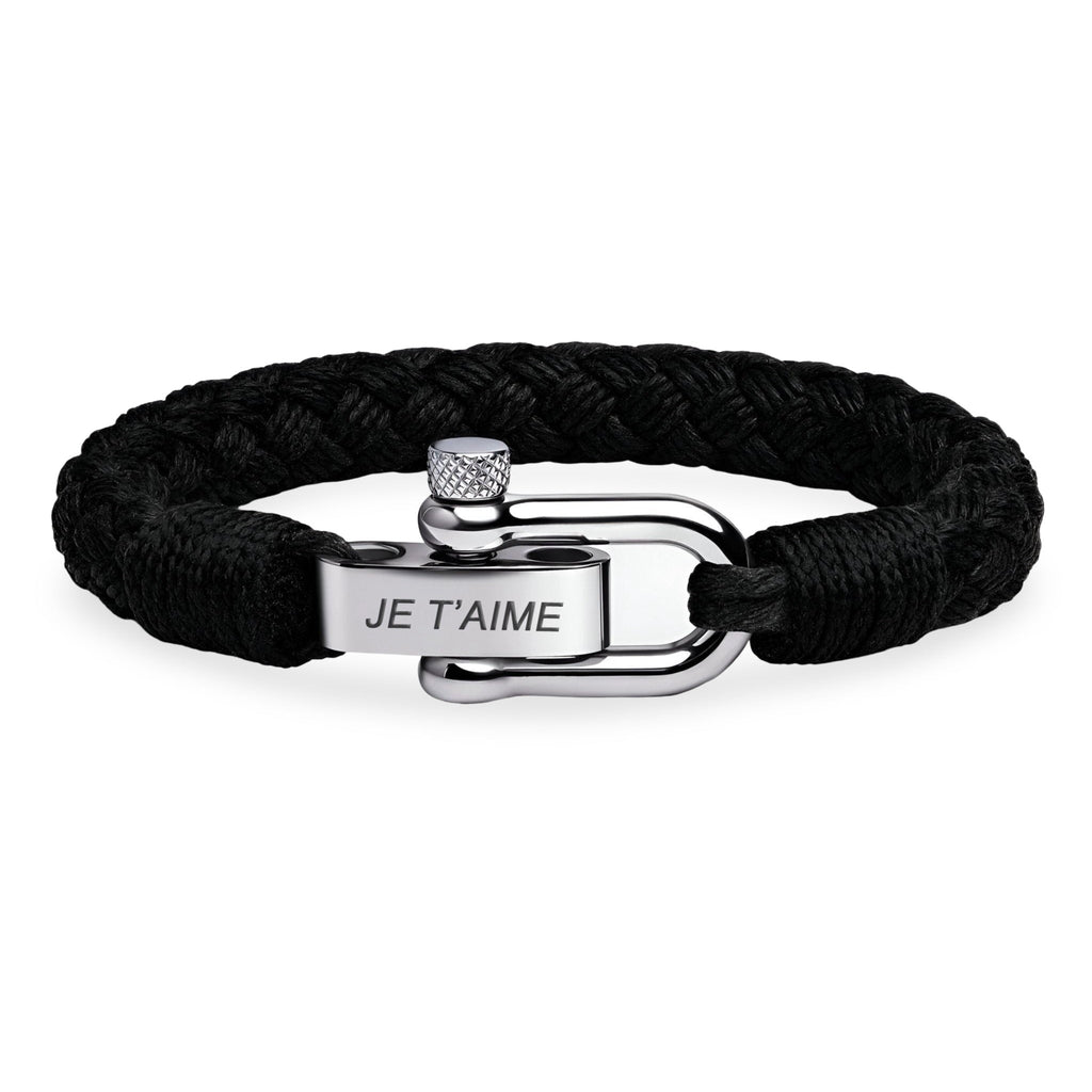 Bracelet homme noir tressé avec fermoir mousqueton argenté gravé "Je t'aime".