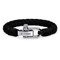 Bracelet homme noir tressé avec fermoir mousqueton argenté gravé "Je t'aime".