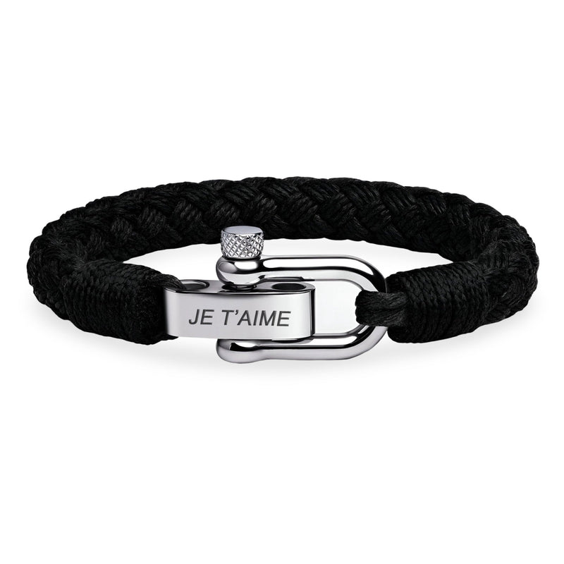 Bracelet homme noir tressé avec fermoir mousqueton argenté gravé "Je t'aime".