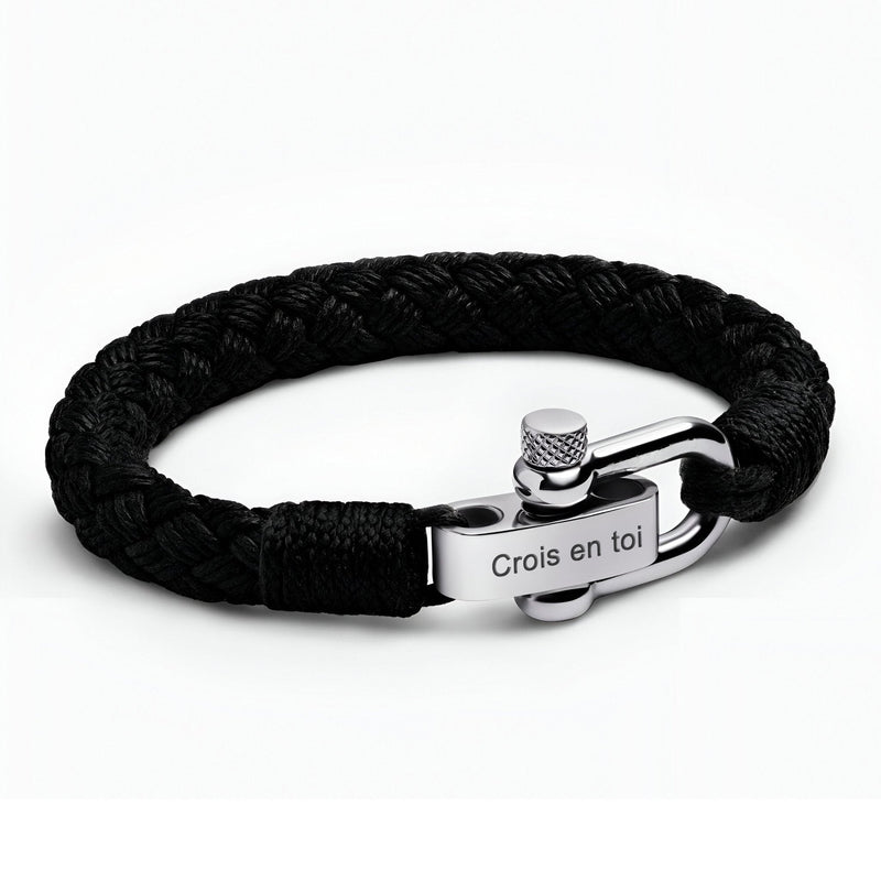 Bracelet homme noir en corde tressée avec fermoir mousqueton argenté gravé "Crois en toi".