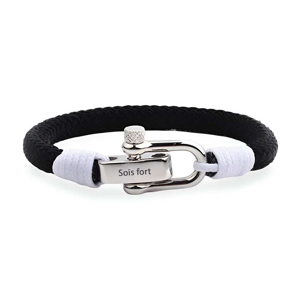 Bracelet homme noir tressé avec fermoir mousqueton argenté gravé "Sois fort" et détails blancs.