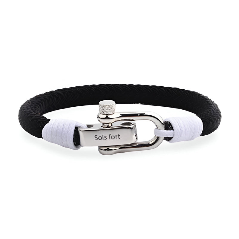 Bracelet homme noir tressé avec fermoir mousqueton argenté gravé "Sois fort" et détails blancs.