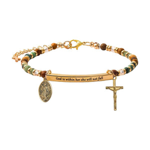 Personalisierbares Armband mit Naturstein-Perlen, religiöser Medaille und hängendem Kreuz, gravierbarer gebogener Röhrchen-Anhänger, Modell Trinity