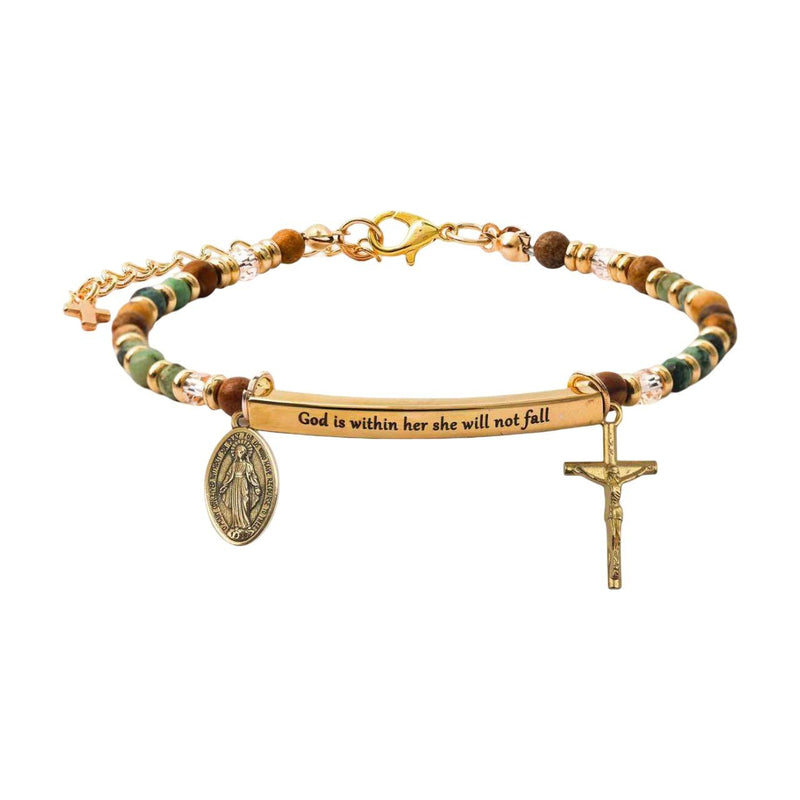 Personalisierbares Armband mit Naturstein-Perlen, religiöser Medaille und hängendem Kreuz, gravierbarer gebogener Röhrchen-Anhänger, Modell Trinity